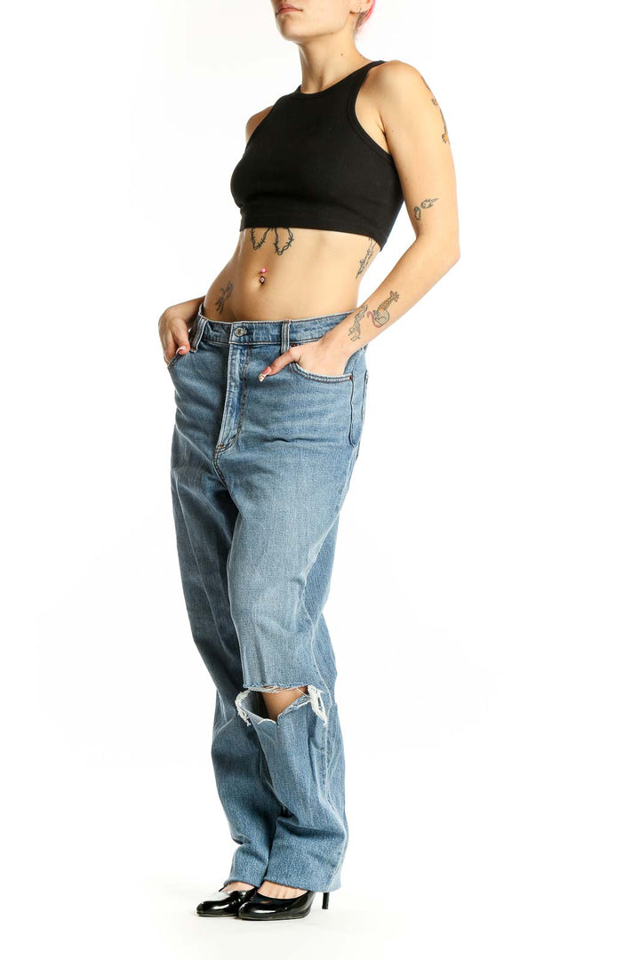 Front view of Abercrombie & Fitch light blue high-waist straight jeans with distressed knee