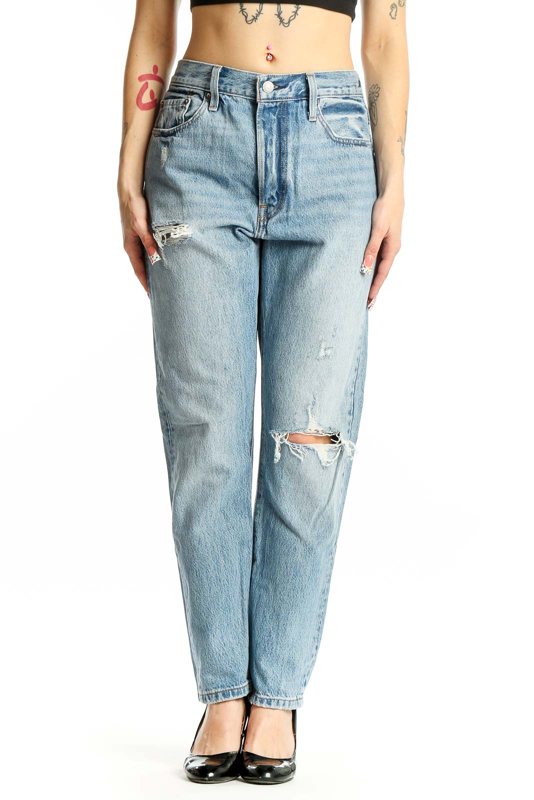 Front view of Levi's light blue distressed straight leg jeans