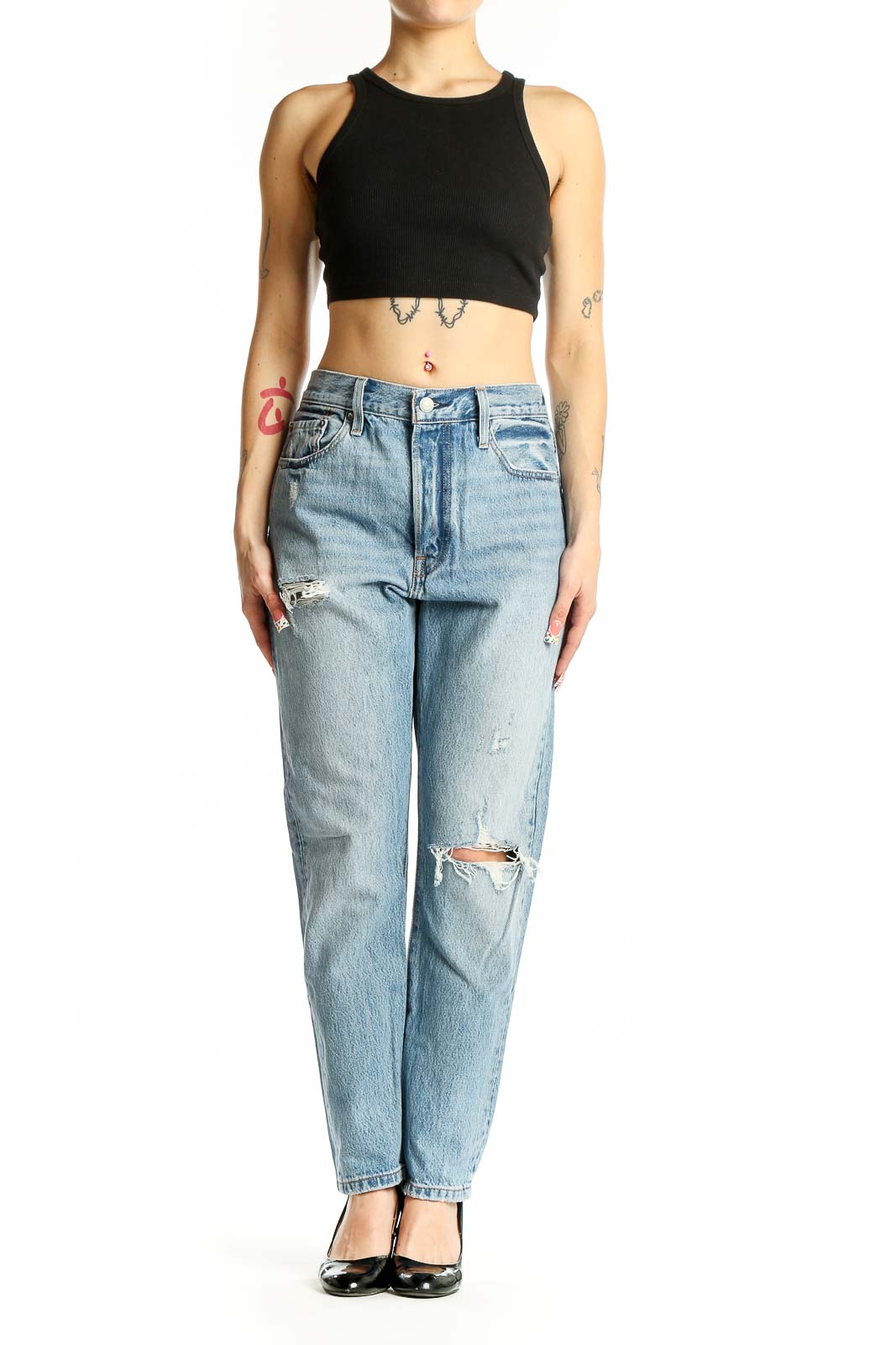 Front view of Levi's light blue distressed straight leg jeans