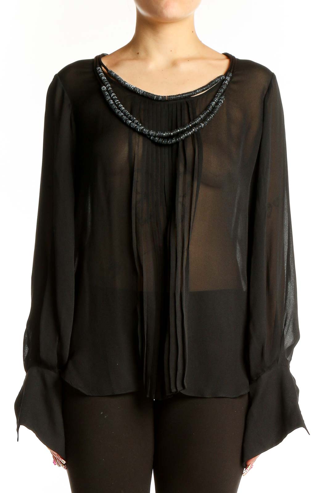 Front view of Elizabeth and James black sheer silk blouse with beaded neckline