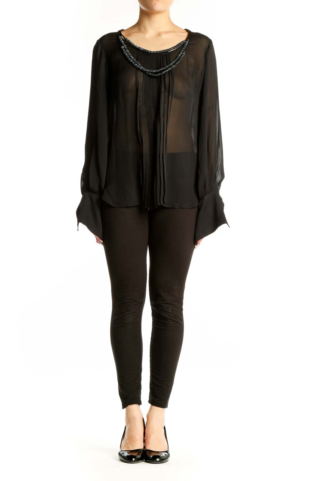 Front view of Elizabeth and James black sheer silk blouse with beaded neckline