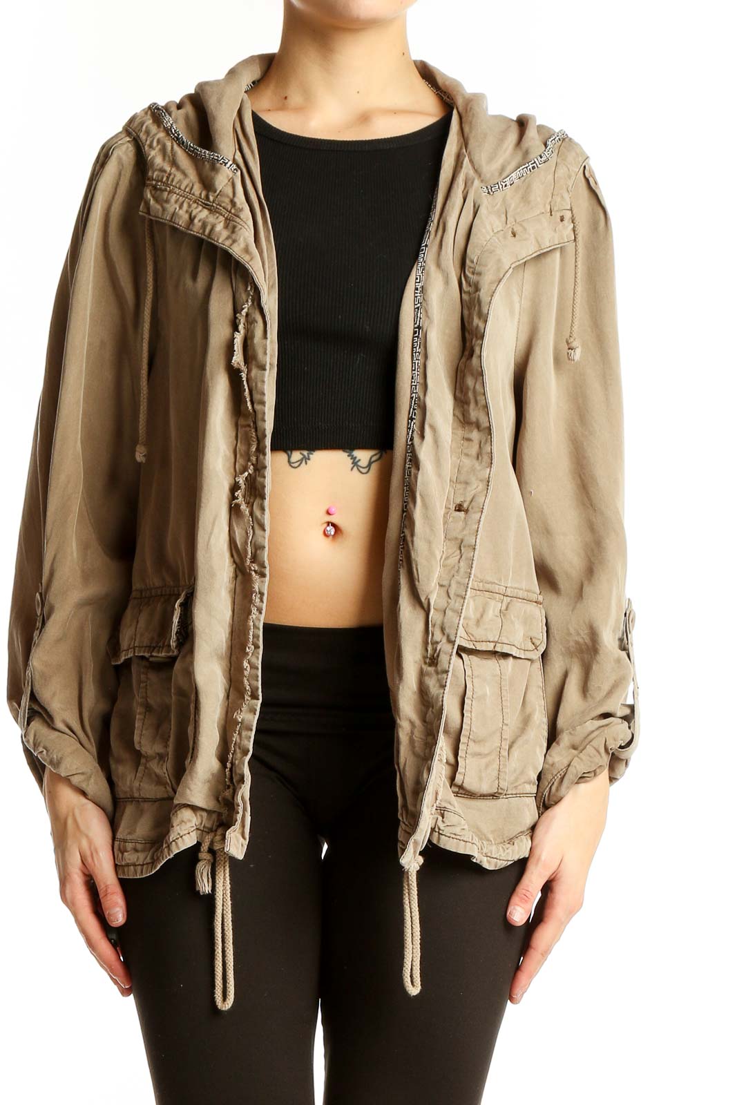 Front view of beige Tencel utility jacket with hood and pockets