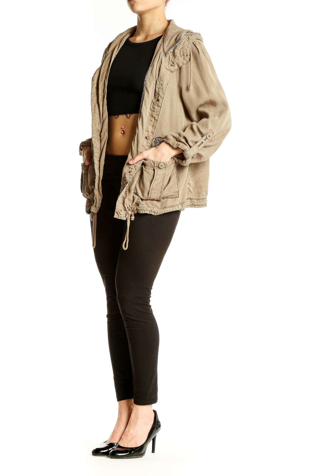 Front view of beige Tencel utility jacket with hood and pockets