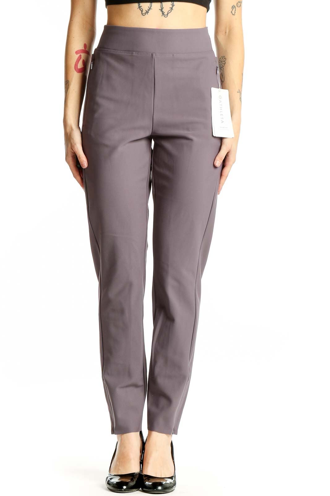 Front view of gray Athleta high-waisted performance pants