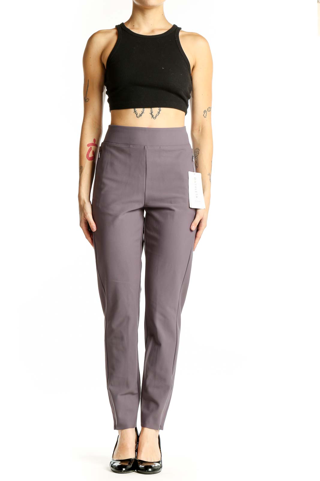 Front view of gray Athleta high-waisted performance pants