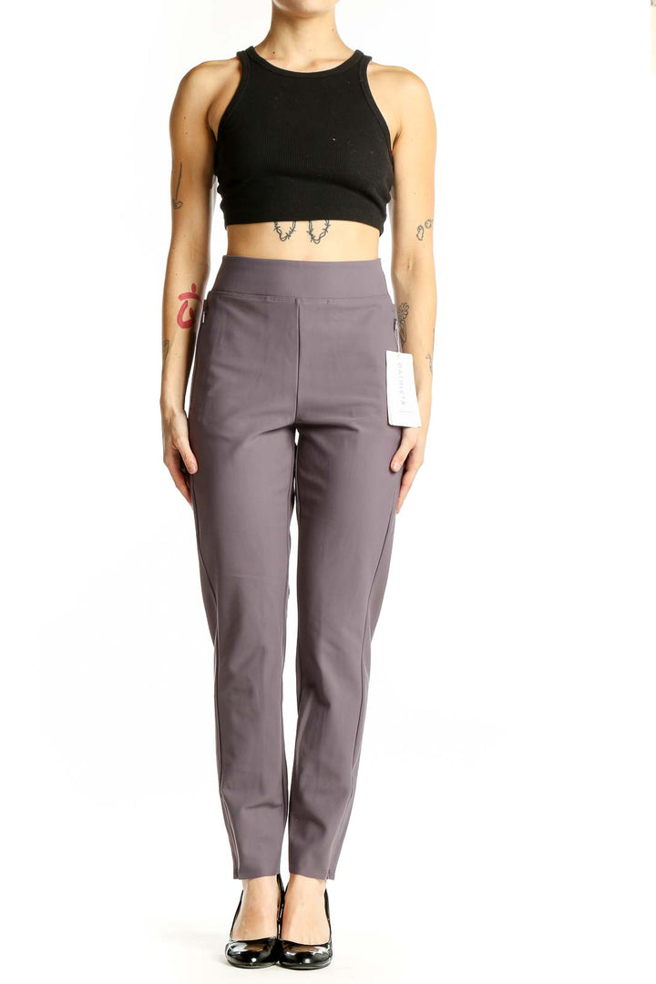Front view of gray Athleta high-waisted performance pants