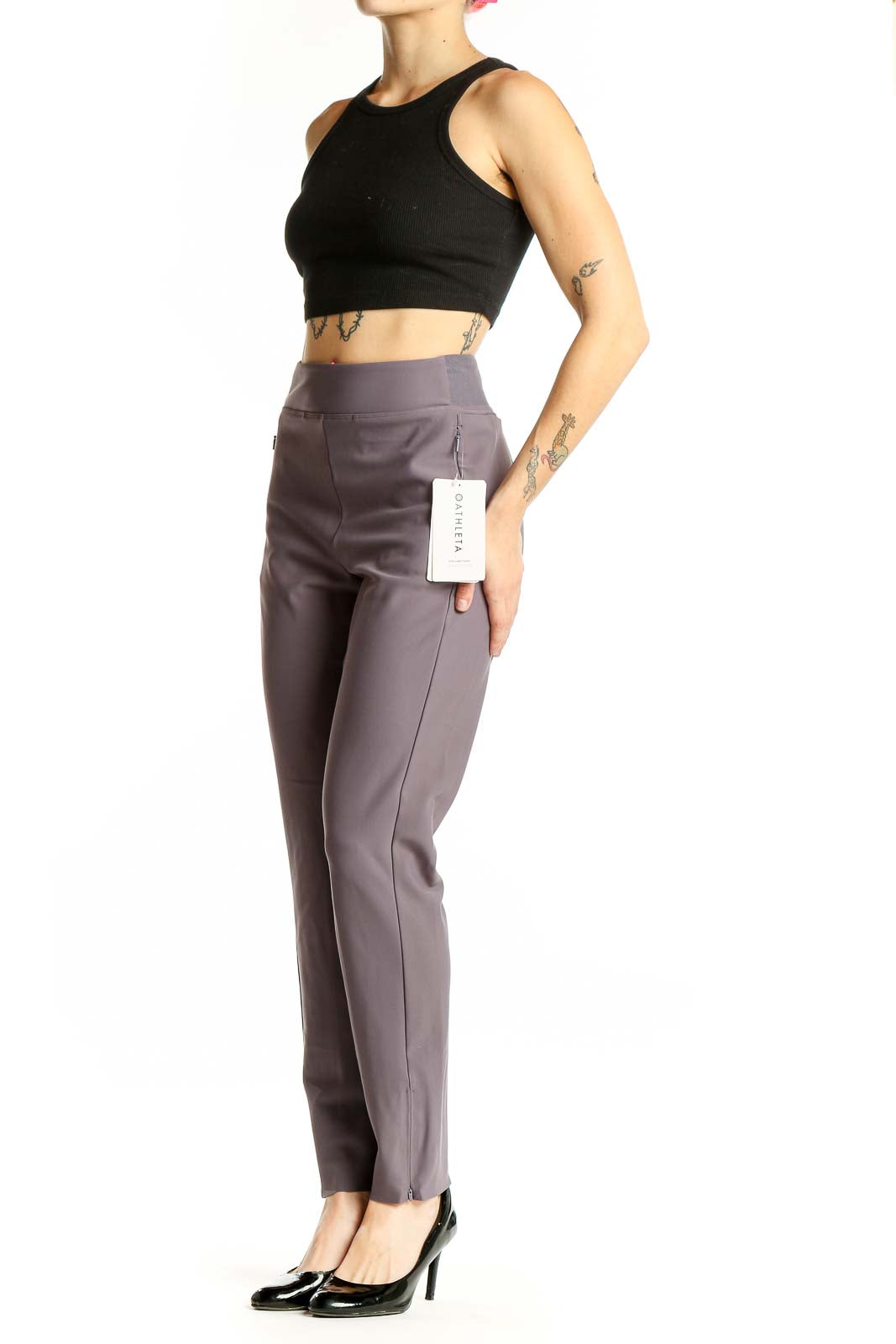 Front view of gray Athleta high-waisted performance pants
