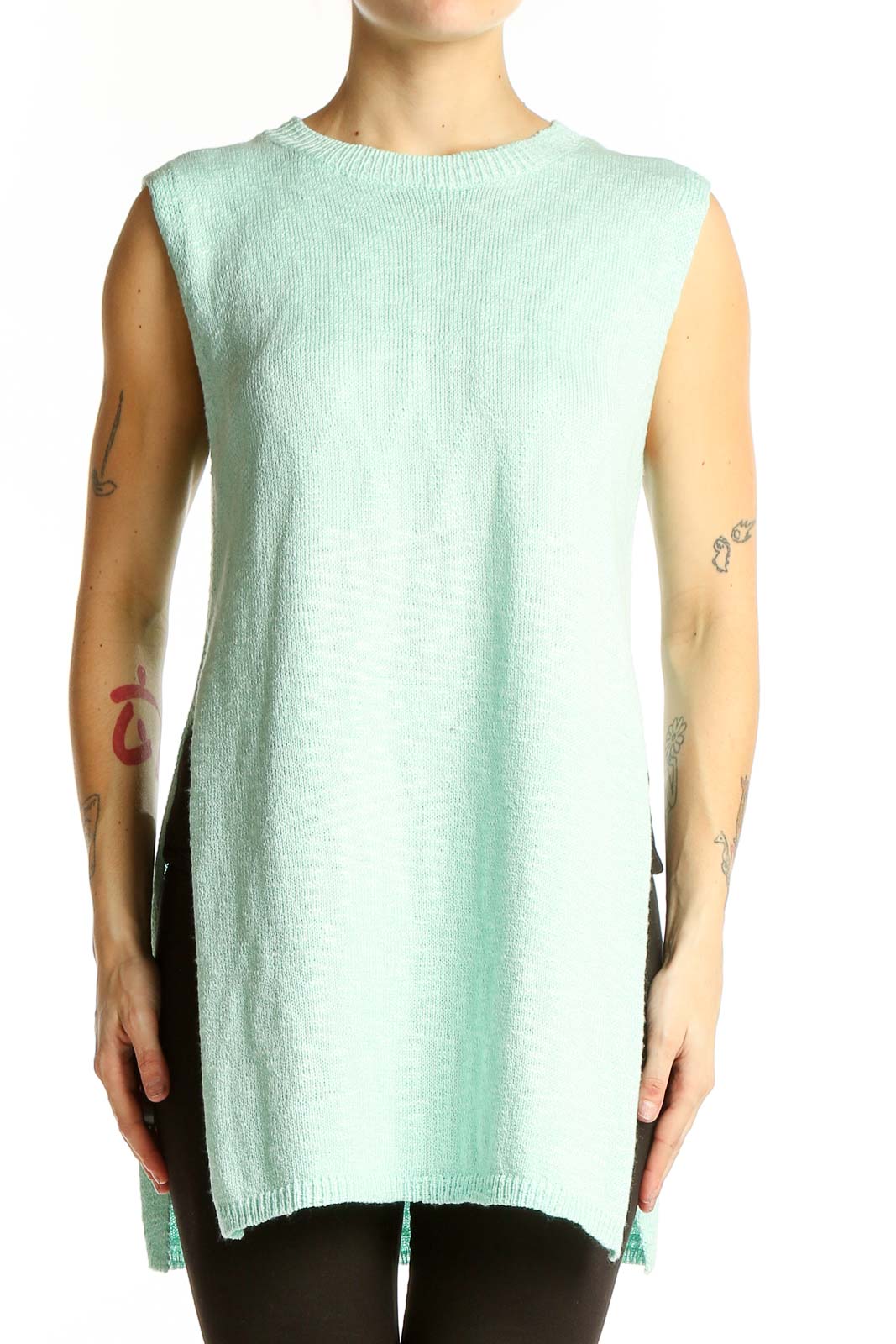 Front view of mint green sleeveless knit tunic from SilkRoll