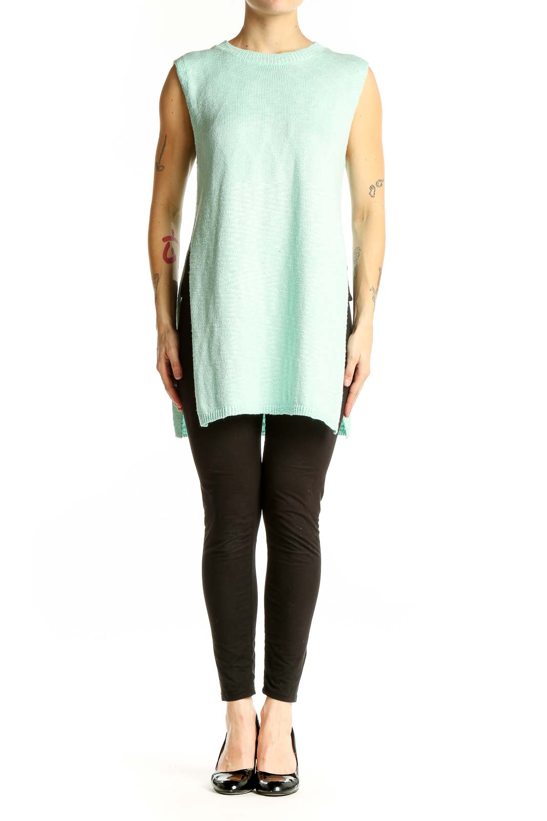 Front view of mint green sleeveless knit tunic from SilkRoll