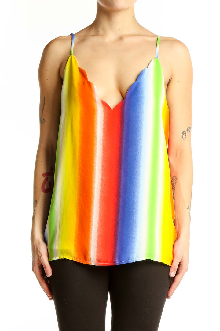 Front view of Socialite rainbow striped sleeveless camisole top