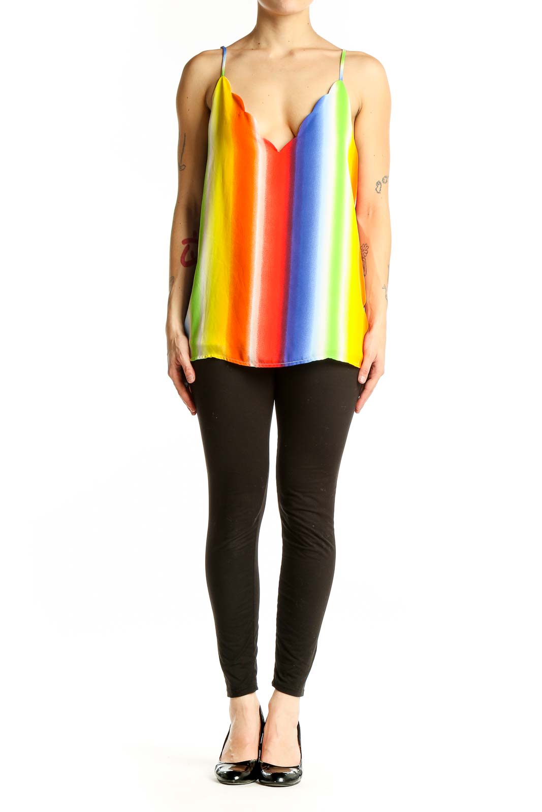 Front view of Socialite rainbow striped sleeveless camisole top