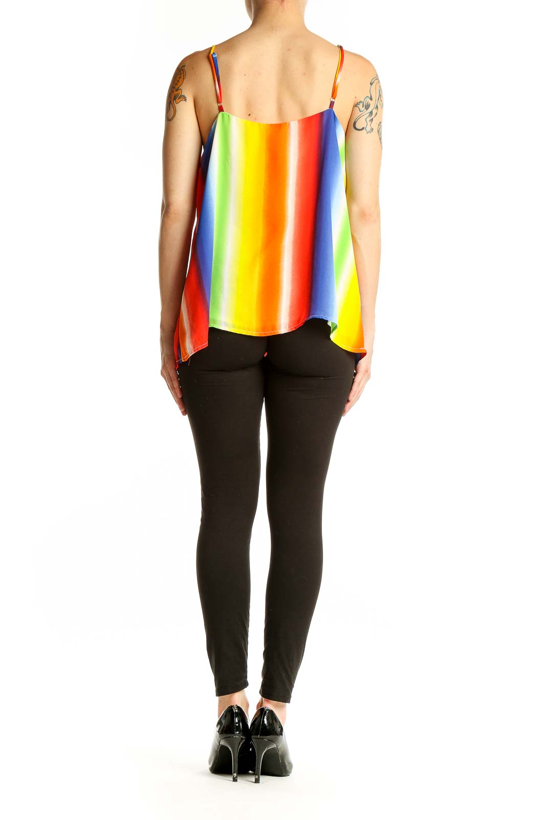 Side view of Socialite rainbow striped sleeveless camisole top on model