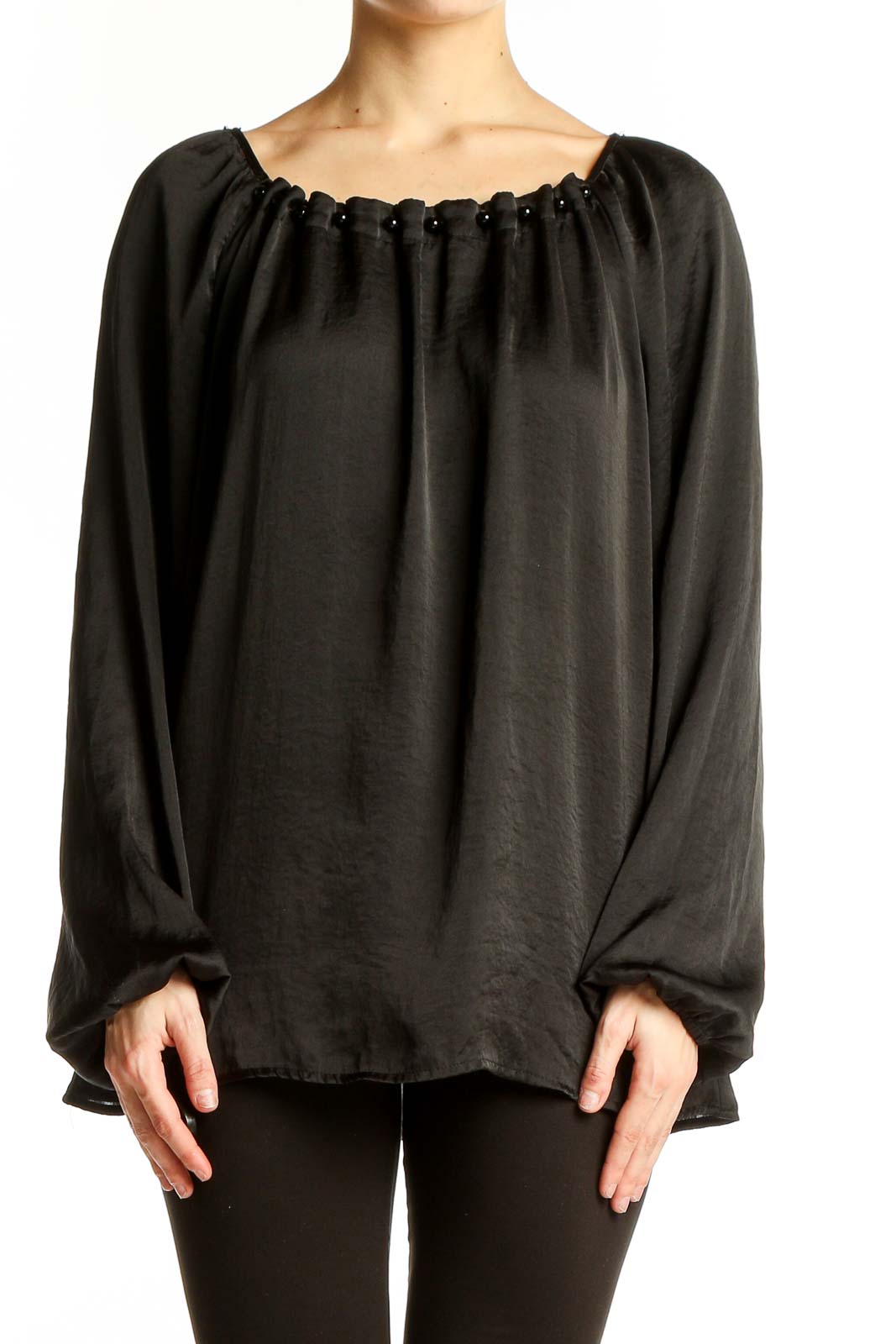 Front view of black flowy peasant blouse with gathered neckline