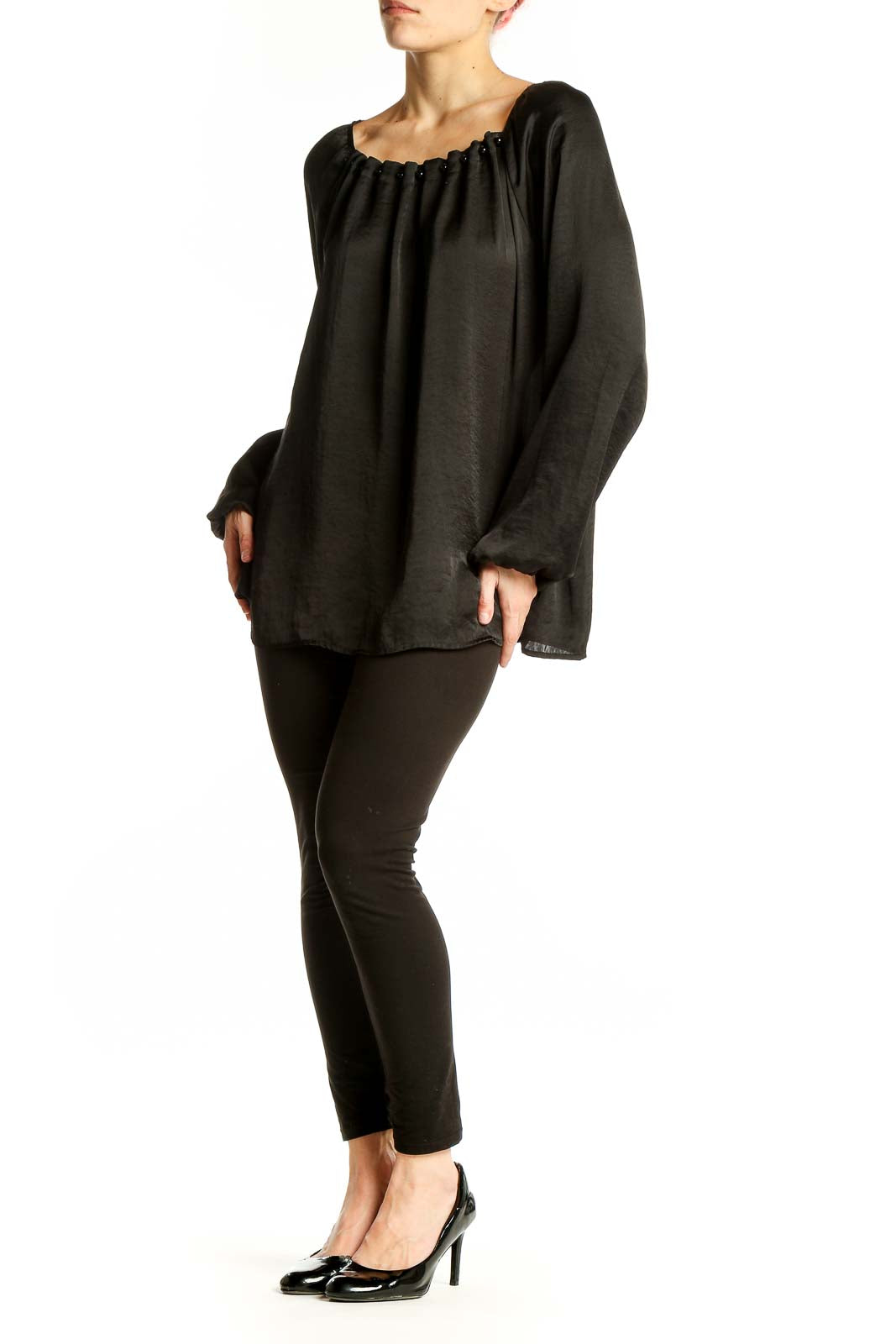 Front view of black flowy peasant blouse with gathered neckline