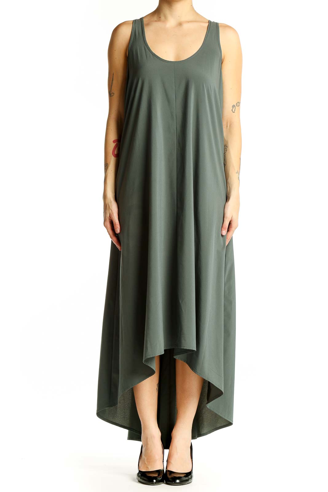 Front view of Athleta olive green high-low maxi dress on model