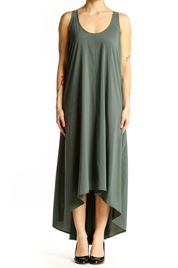 Front view of Athleta olive green high-low maxi dress on model