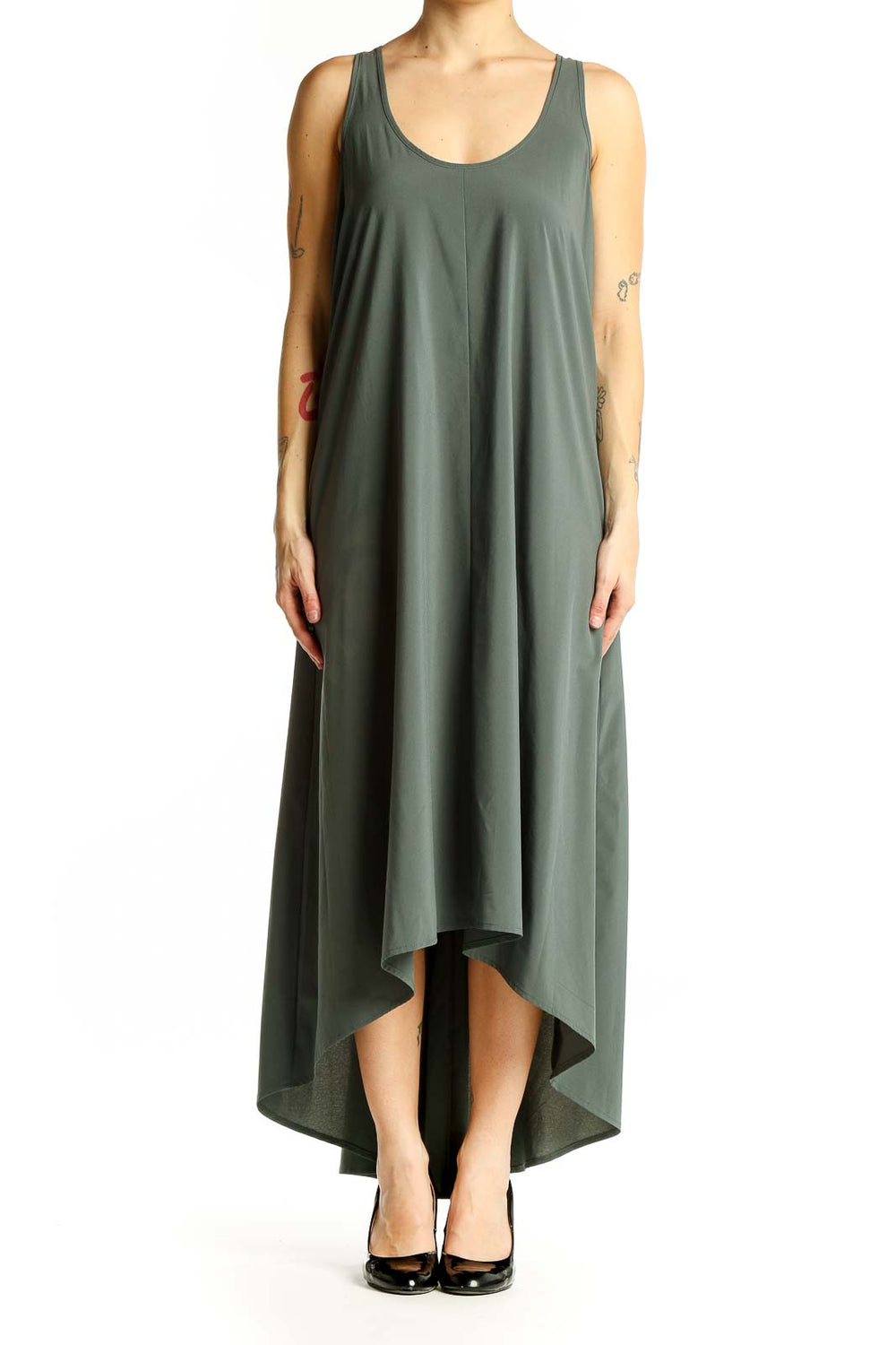 Front view of Athleta olive green high-low maxi dress on model