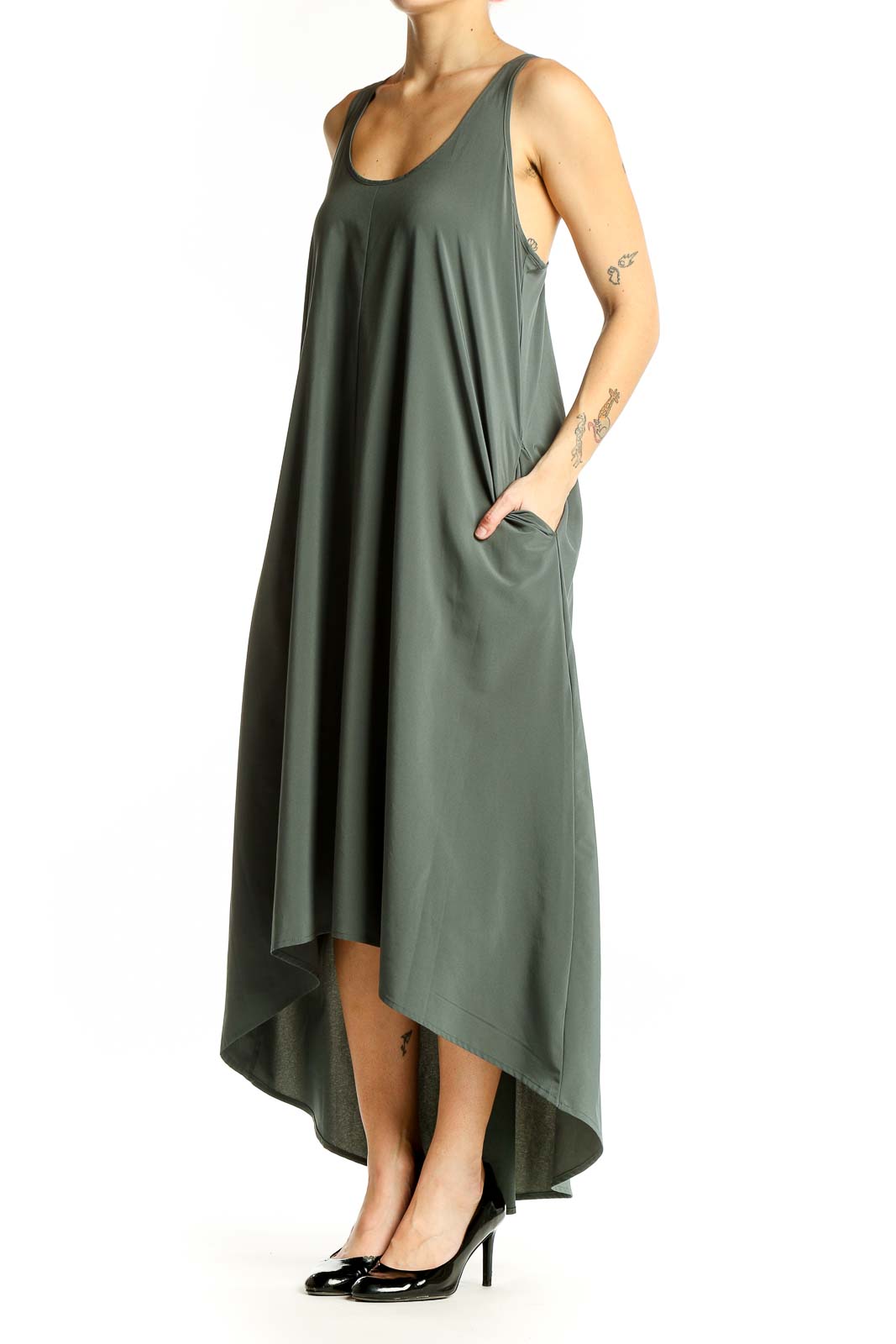 Front view of Athleta olive green high-low maxi dress on model