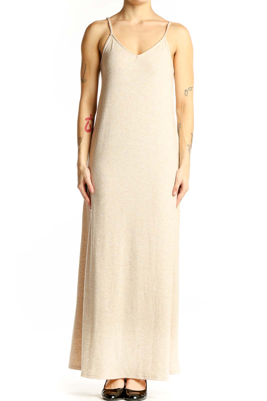 Front view of beige ribbed maxi dress with V-neck and spaghetti straps