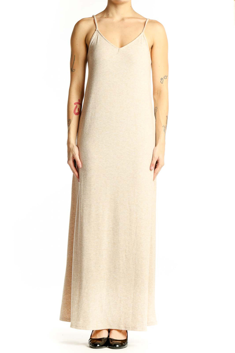 Front view of beige ribbed maxi dress with V-neck and spaghetti straps