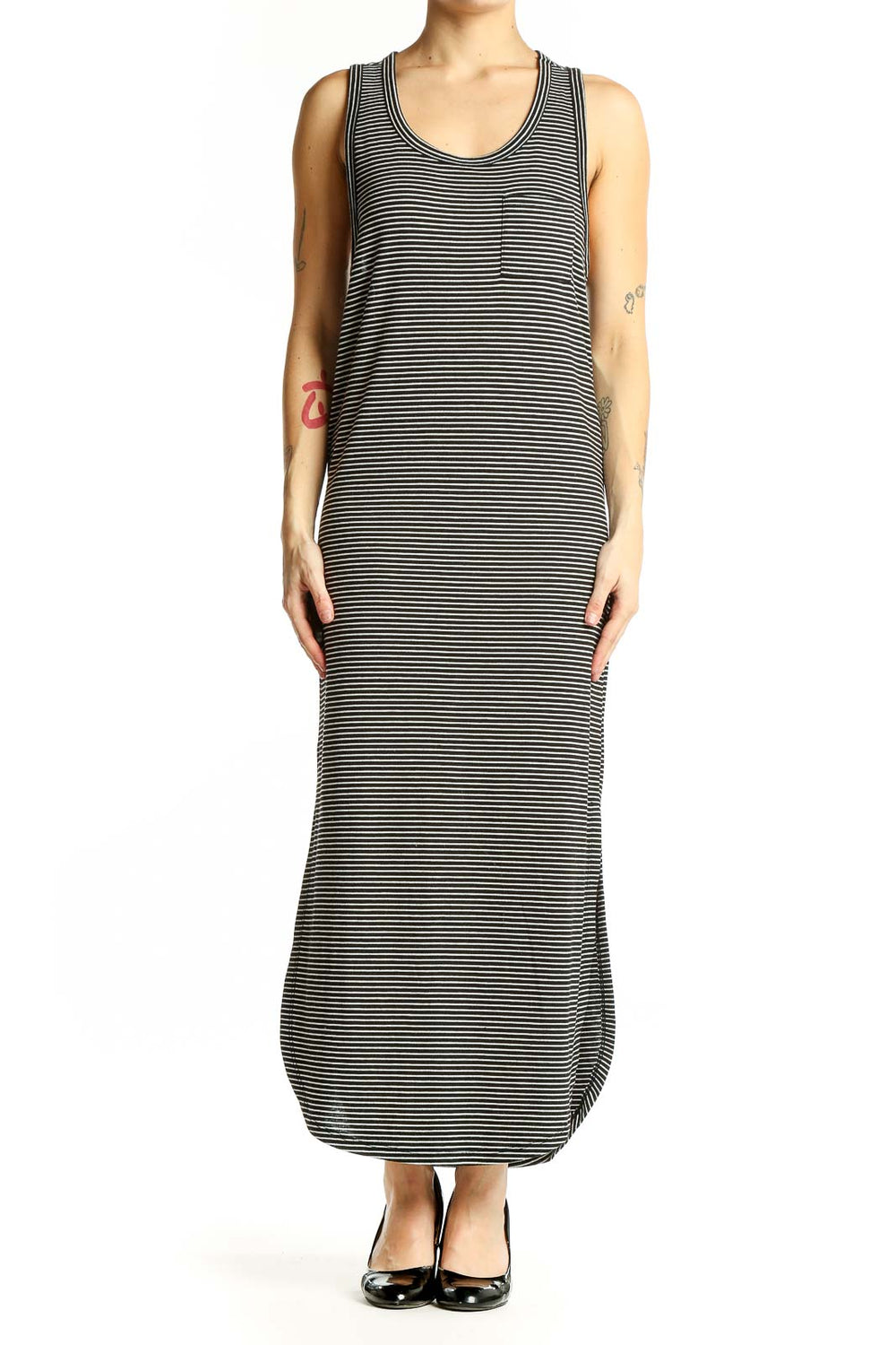 Front view of Black Striped Maxi Tank Dress by Carly Jeans Los Angeles