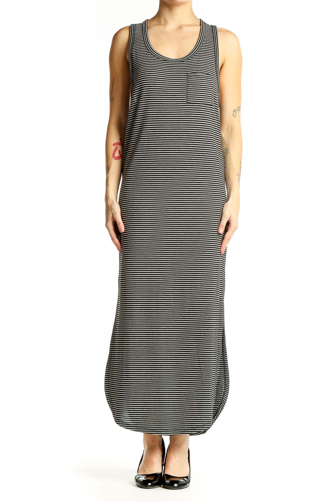 Front view of Black Striped Maxi Tank Dress by Carly Jeans Los Angeles