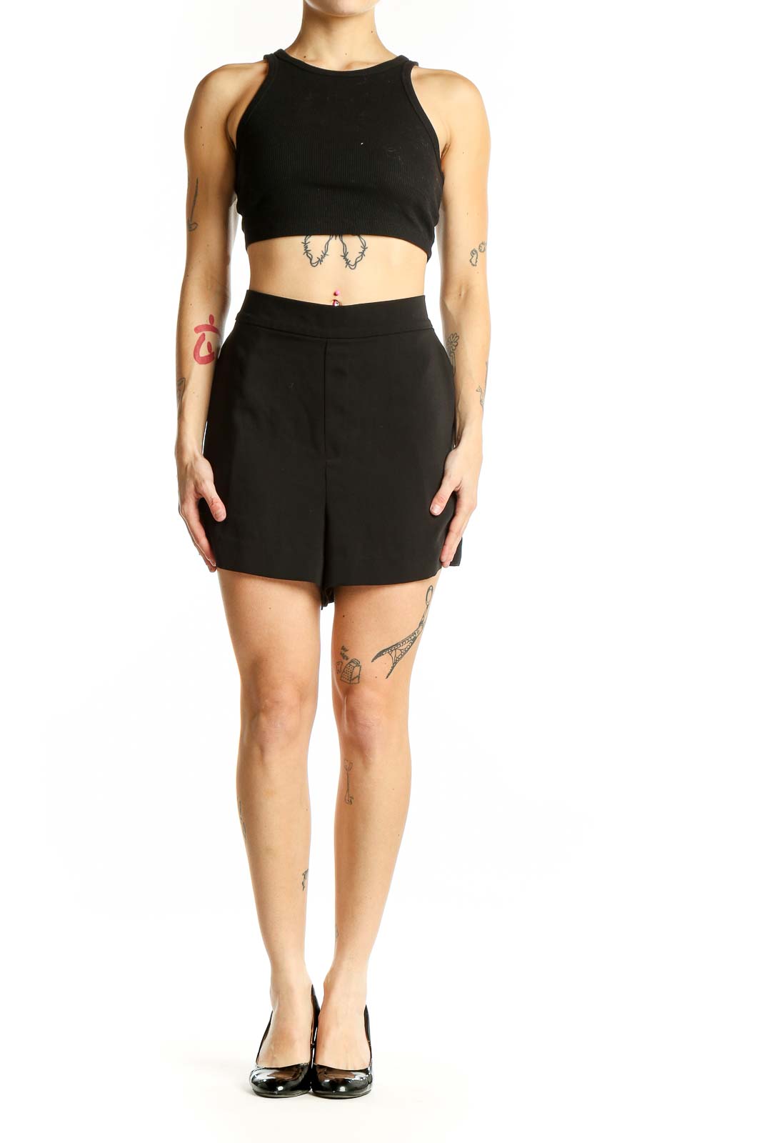 Front view of black high-waisted Calvin Klein shorts