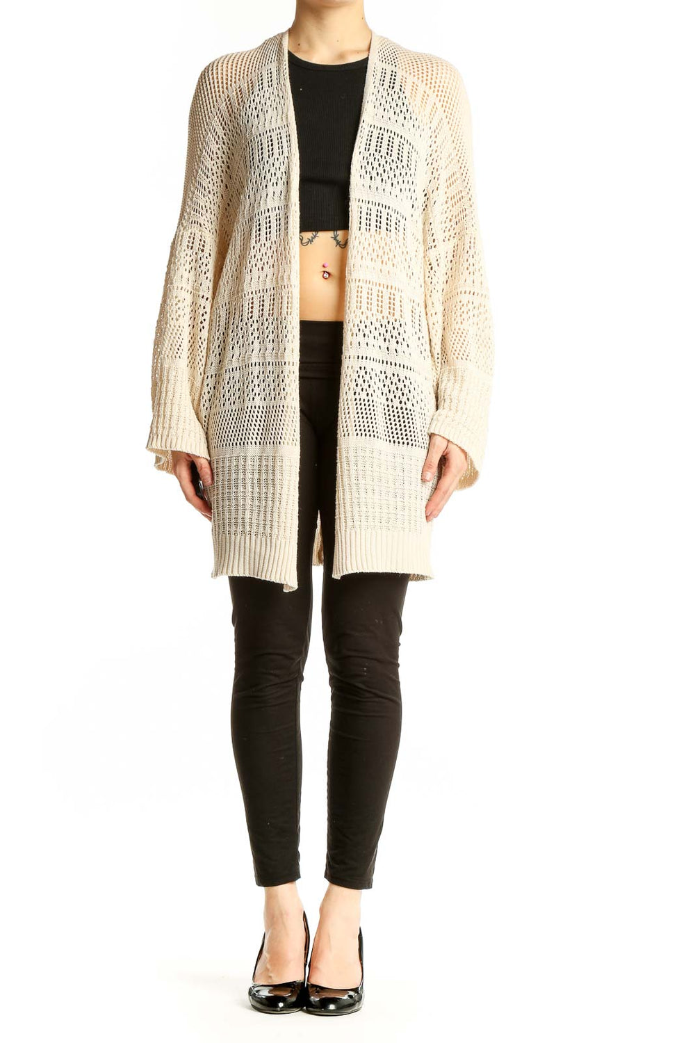 Front view of SilkRoll cream open-knit long cardigan
