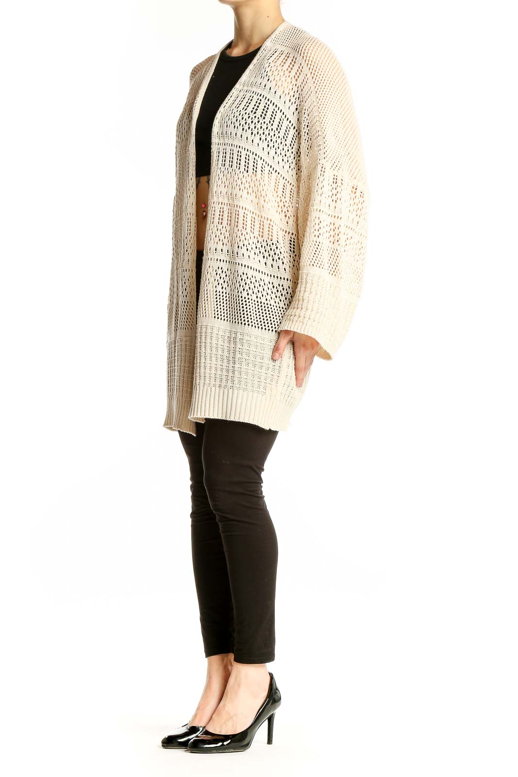 Front view of SilkRoll cream open-knit long cardigan