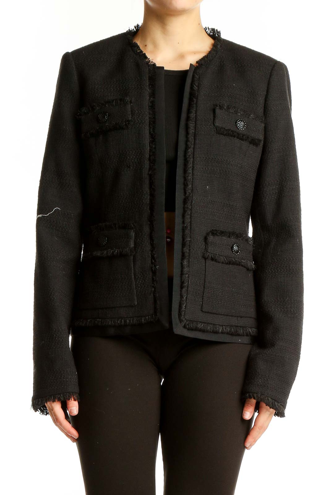 Front view of Karl Lagerfeld Paris black tweed blazer with fringe trim