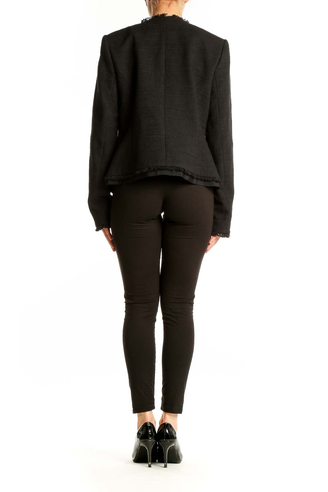 Back view of Karl Lagerfeld Paris black tweed blazer showing tailored fit