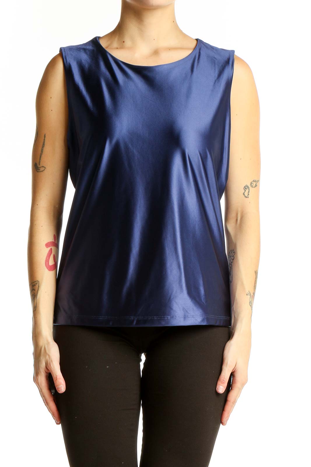 Front view of Tahari navy sleeveless stretch top