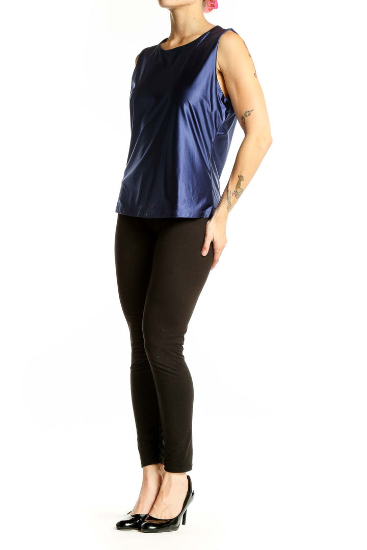 Front view of Tahari navy sleeveless stretch top