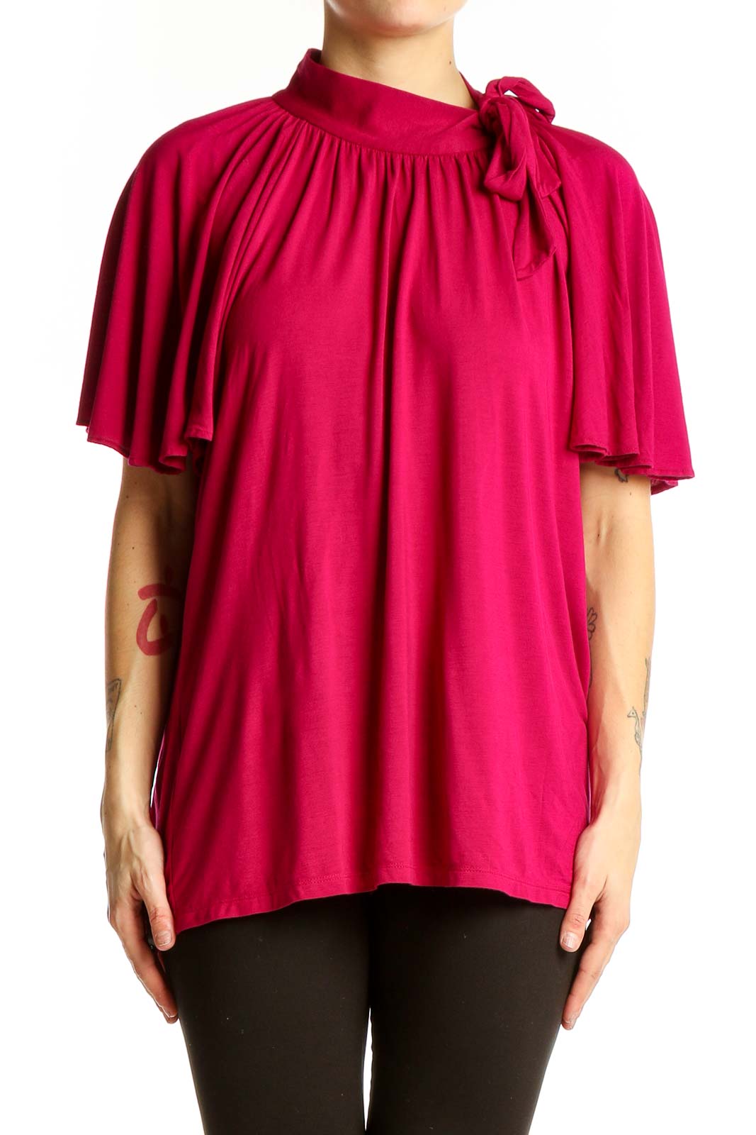 Front view of fuchsia Lauren Ralph Lauren top with cape sleeves and tie neckline