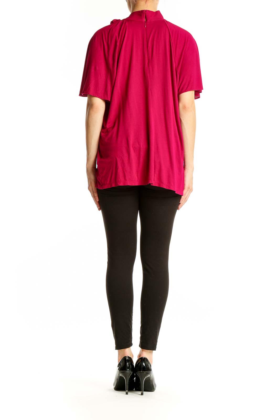Side view of fuchsia Lauren Ralph Lauren top showing flowy cape sleeve design