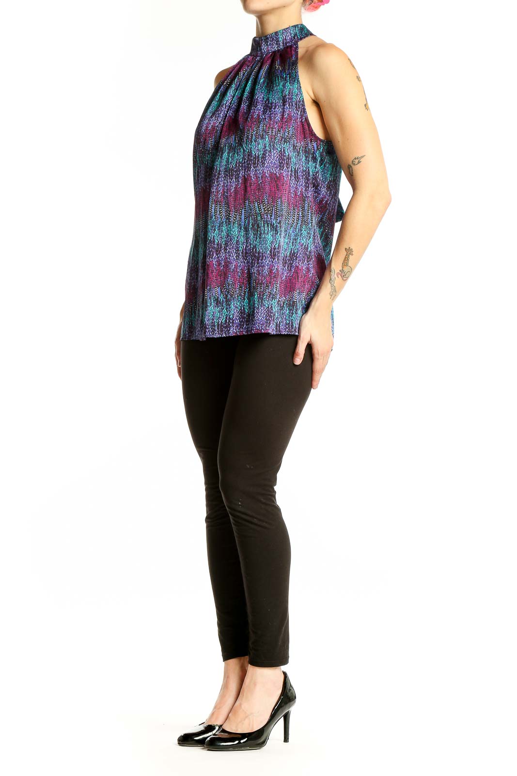 Front view of LAUNDRY by SHELLI SEGAL multicolor halter neck sleeveless top