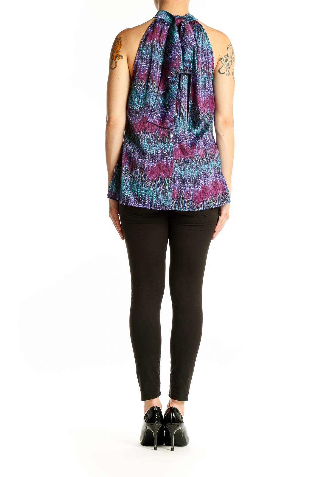 Side view of LAUNDRY by SHELLI SEGAL multicolor halter neck sleeveless top on model