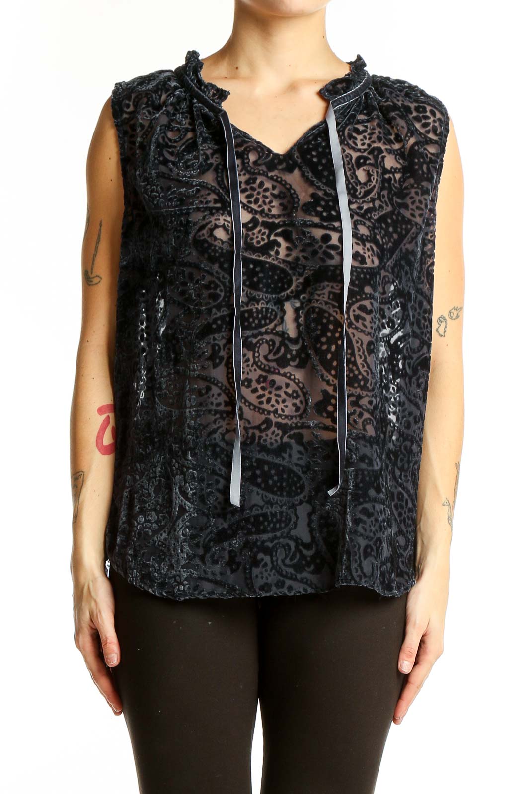 Front view of Black Velvet Burnout Sleeveless Top by Violet & Claire with paisley pattern
