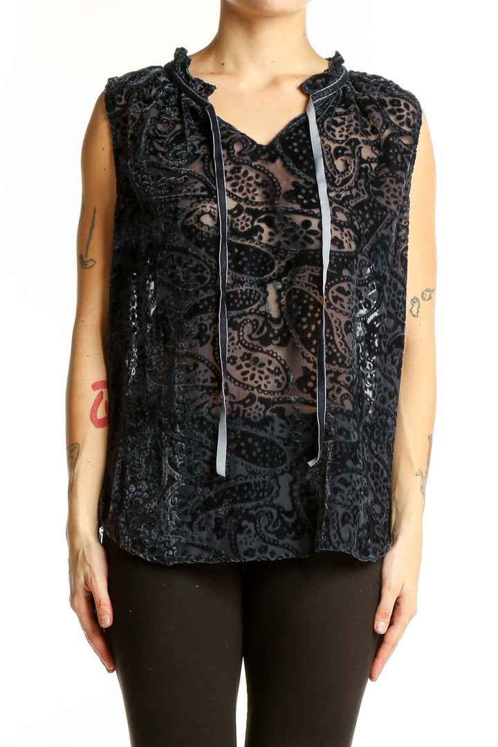 Front view of Black Velvet Burnout Sleeveless Top by Violet & Claire with paisley pattern