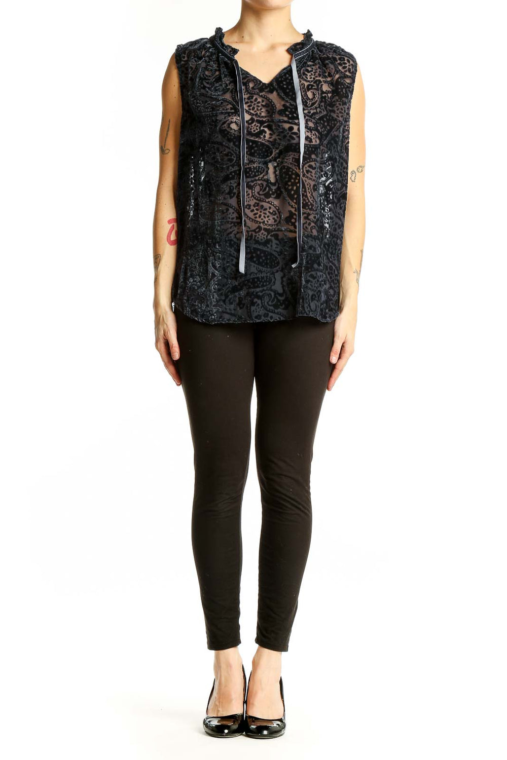 Front view of Black Velvet Burnout Sleeveless Top by Violet & Claire with paisley pattern