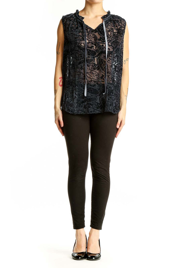 Front view of Black Velvet Burnout Sleeveless Top by Violet & Claire with paisley pattern