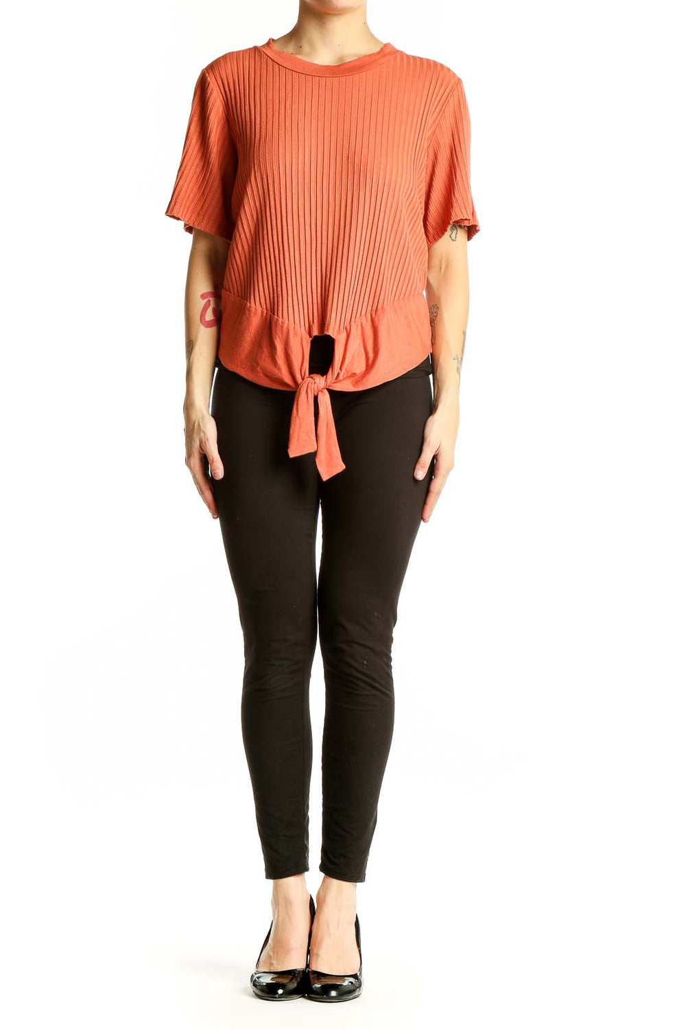 Front view of Amour Vert coral ribbed tie-front top