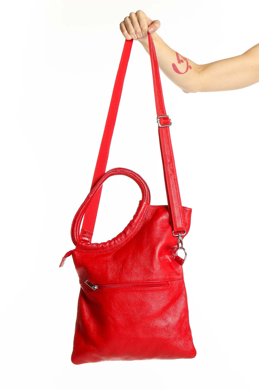 Front view of red leather crossbody shoulder bag from SilkRoll