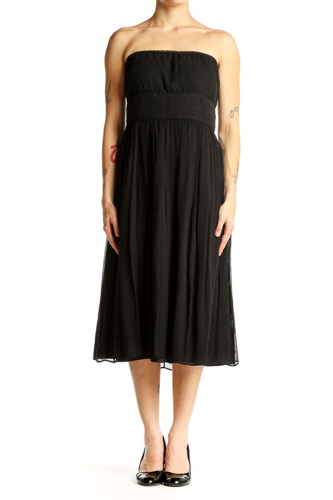 Front view of J.Crew black strapless midi dress with gathered bodice
