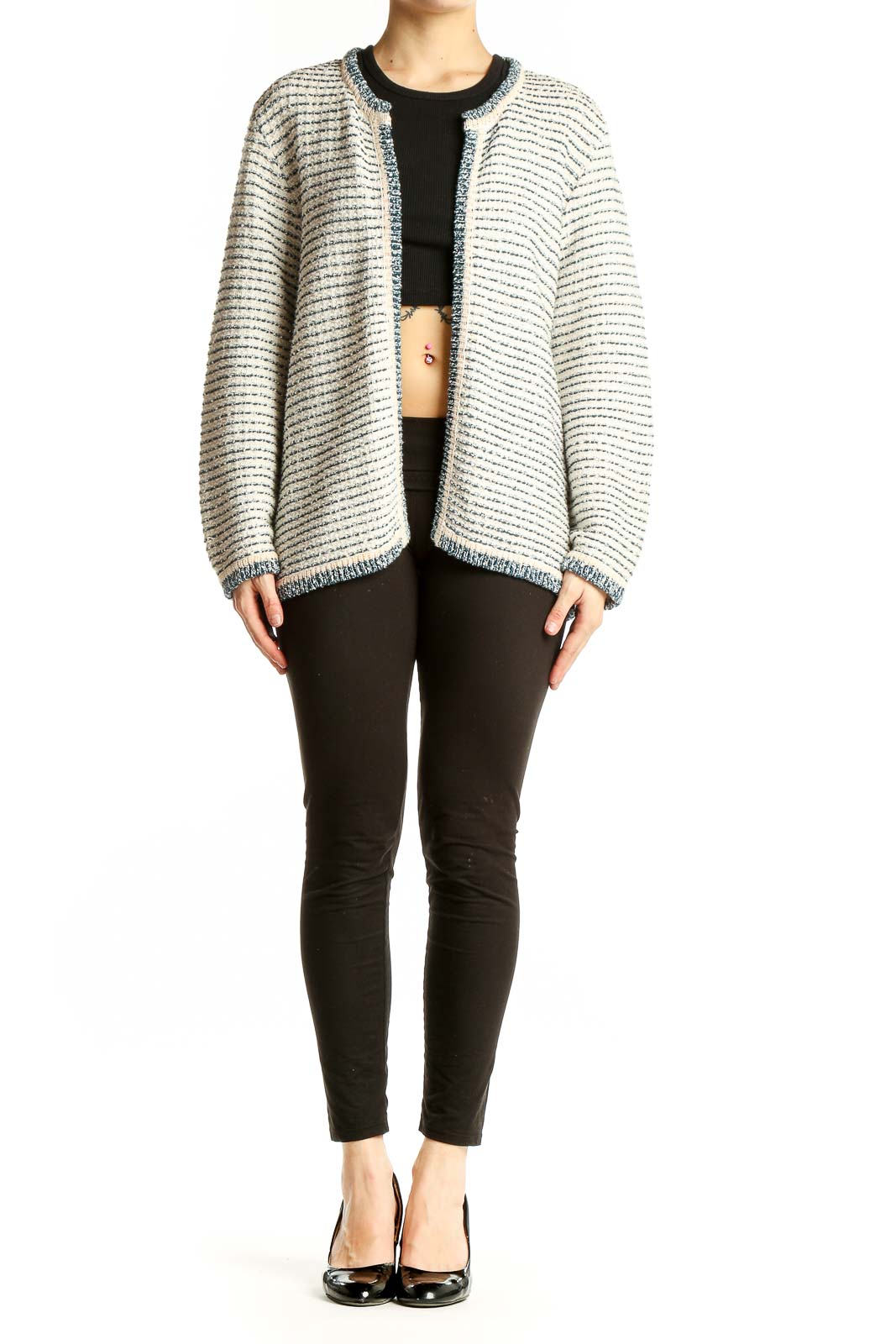 Front view of white striped open front cardigan with blue trim