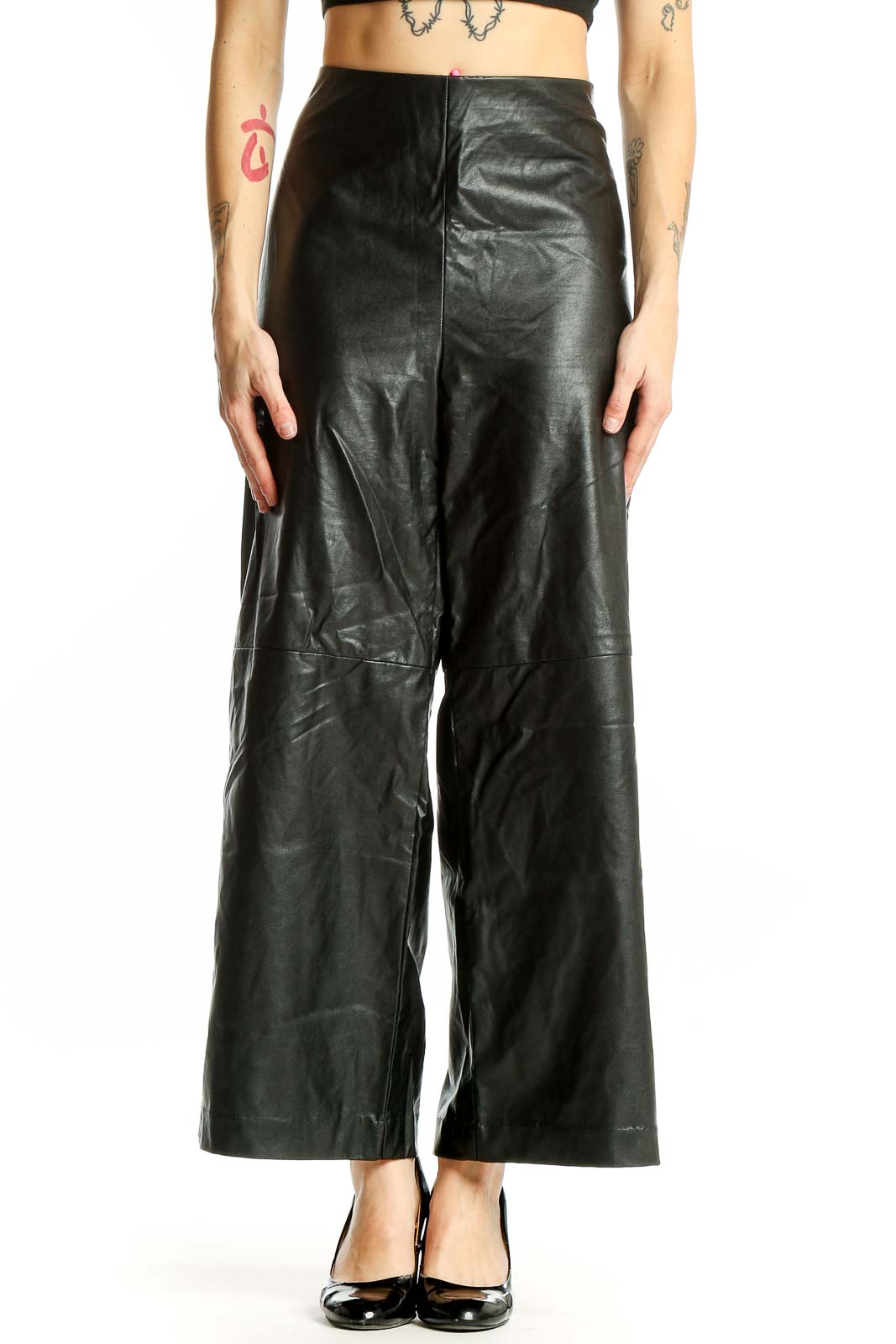 Front view of Karen Kane black faux-leather wide-leg pants