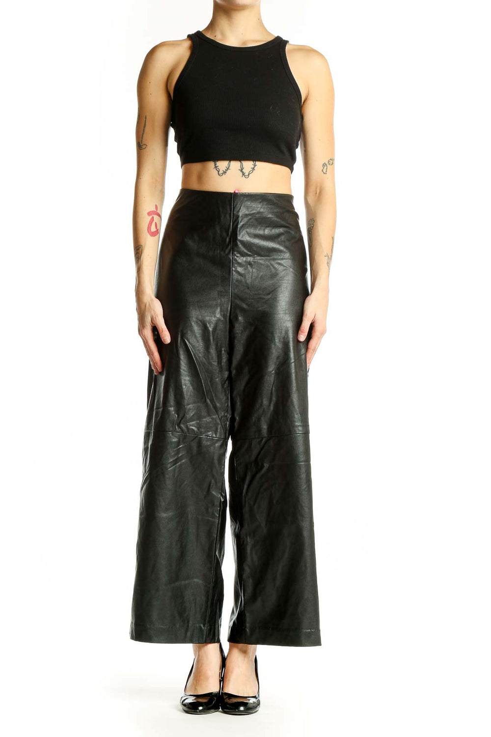 Front view of Karen Kane black faux-leather wide-leg pants