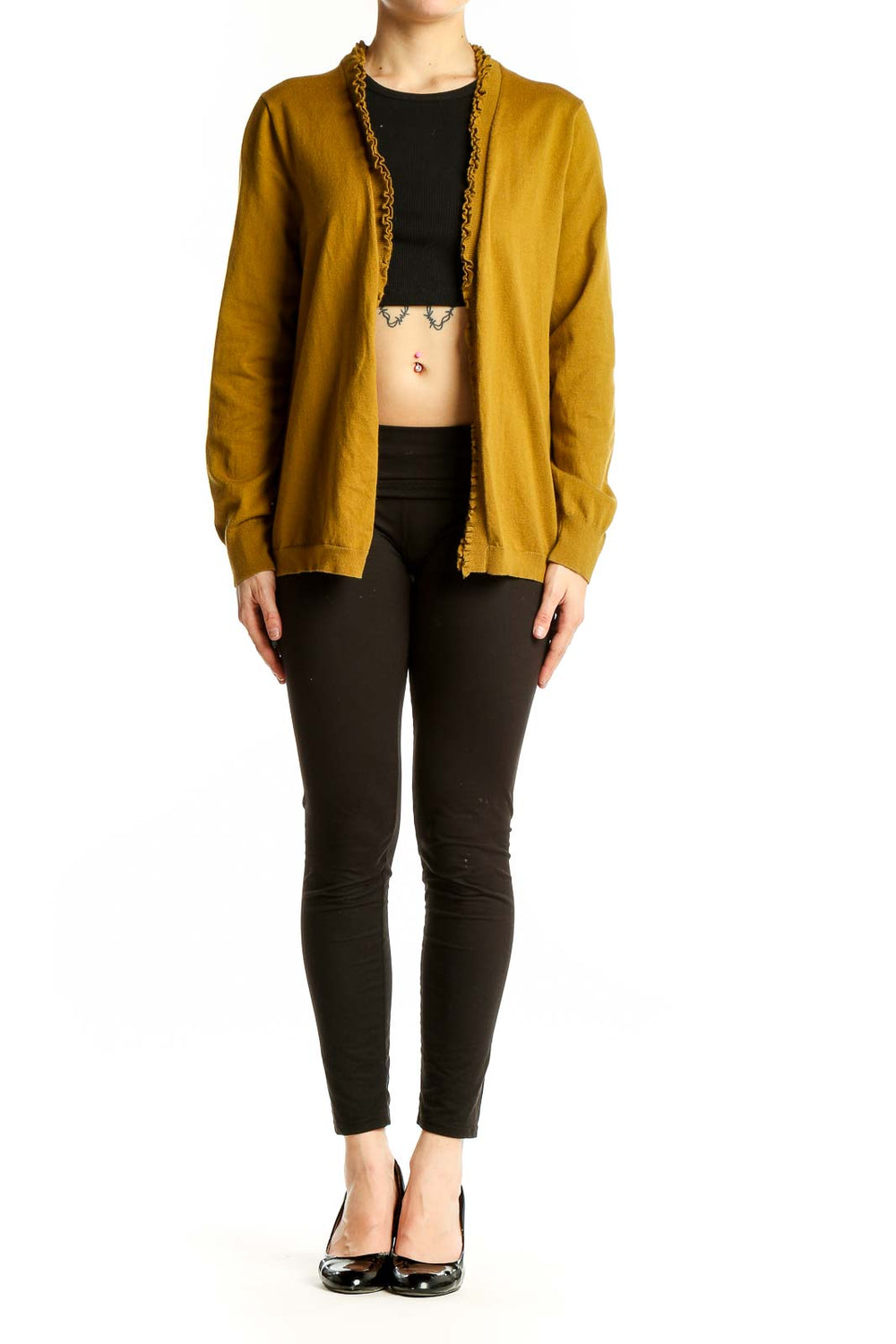 Front view of mustard Lands' End open front cardigan with ruffle trim