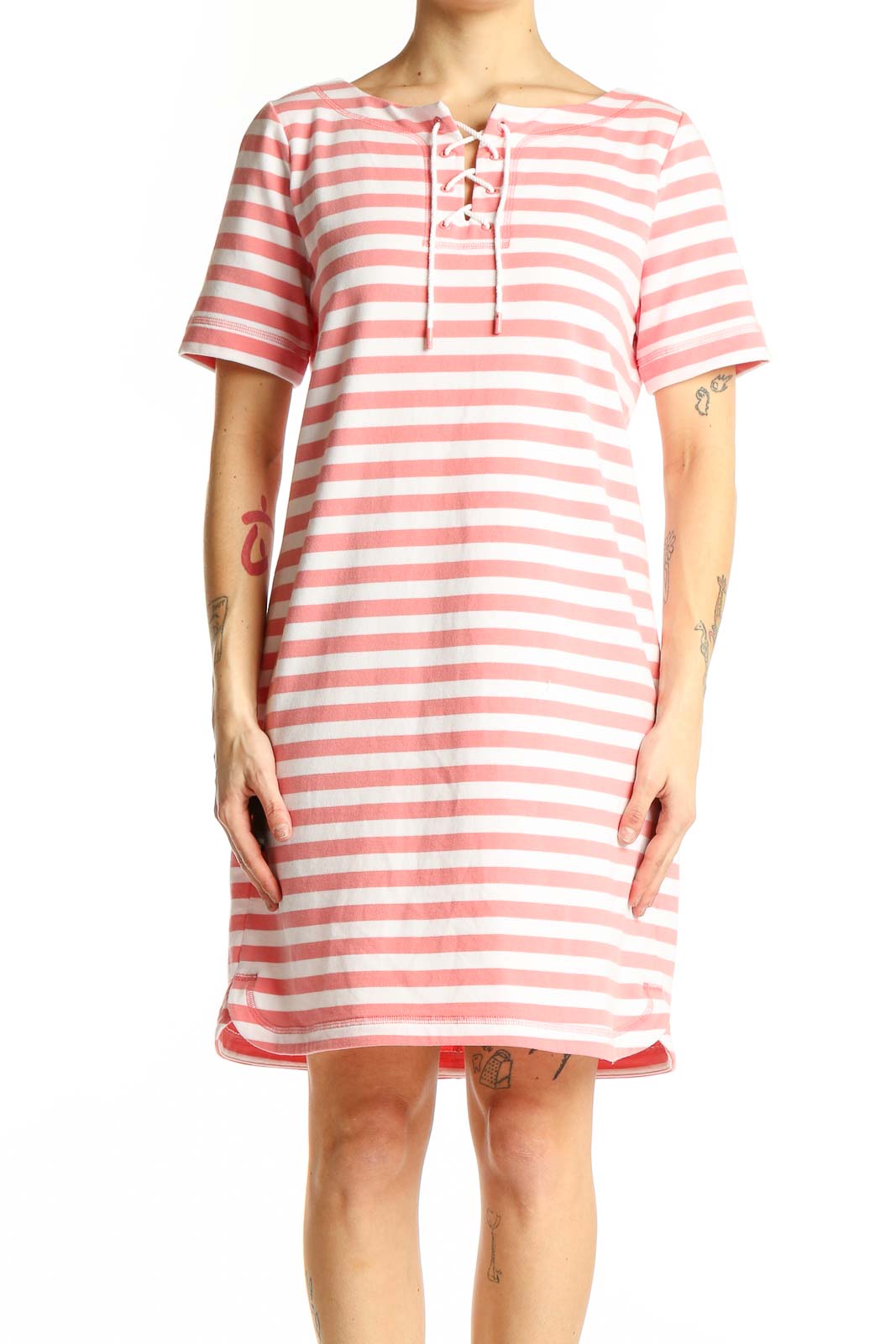 Pink Striped Cotton Lace-Up T-Shirt Dress