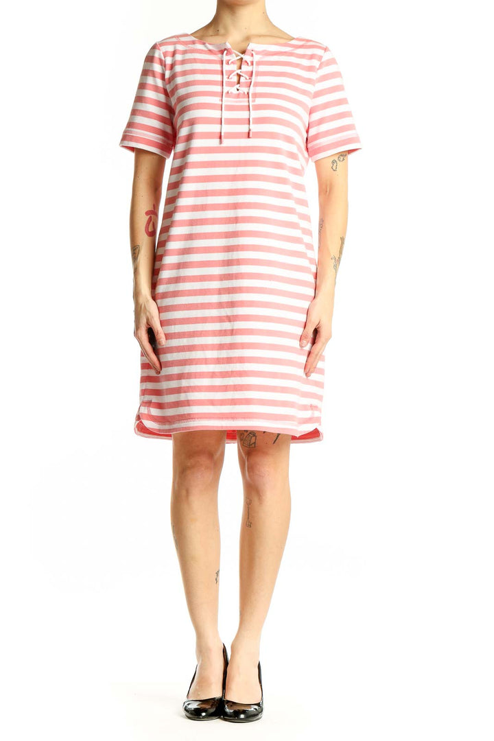 Front view of T by Talbots pink and white striped cotton T-shirt dress with lace-up neckline